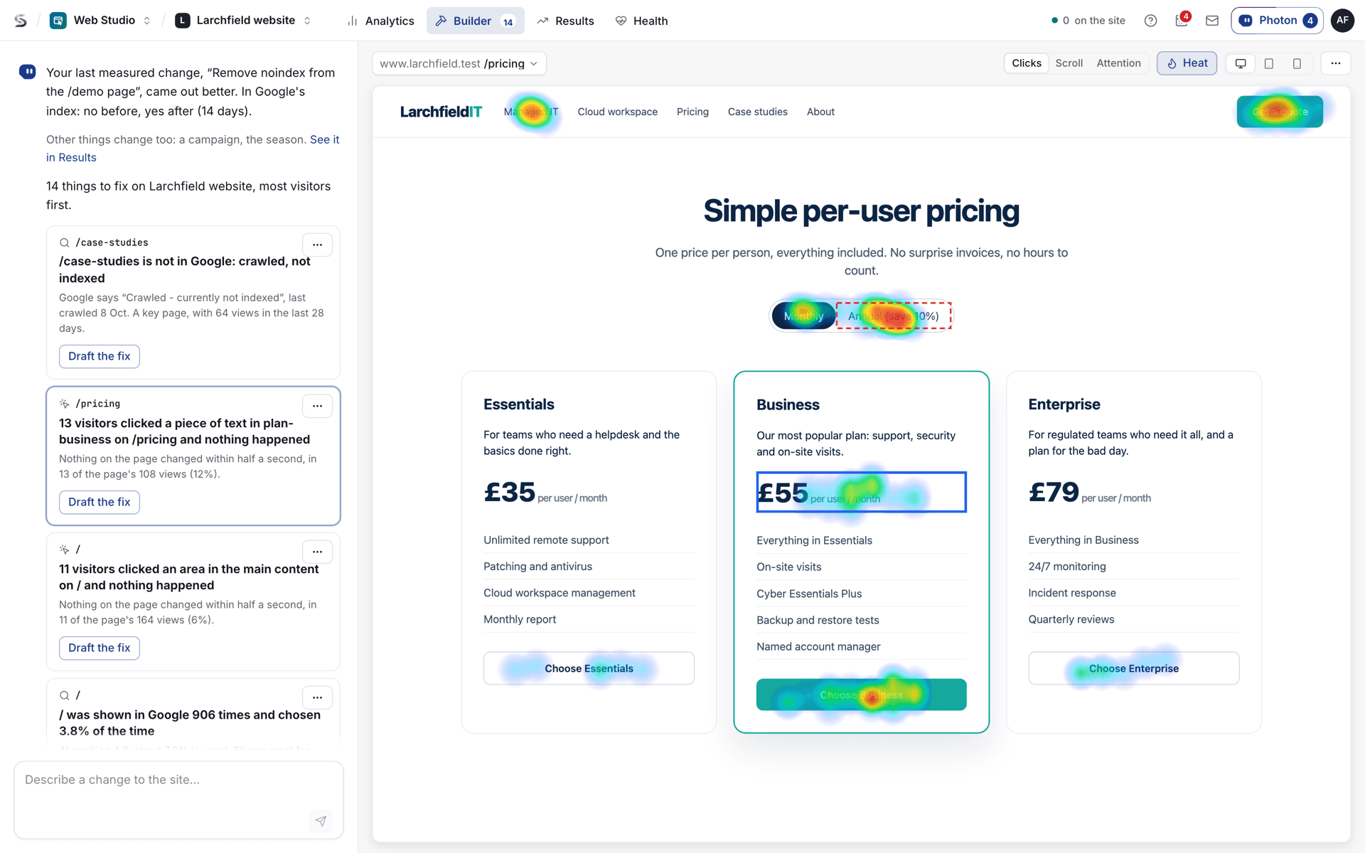 Web Studio’s Builder: Photon’s findings beside the website itself, with heat over where visitors clicked. Sample data.
